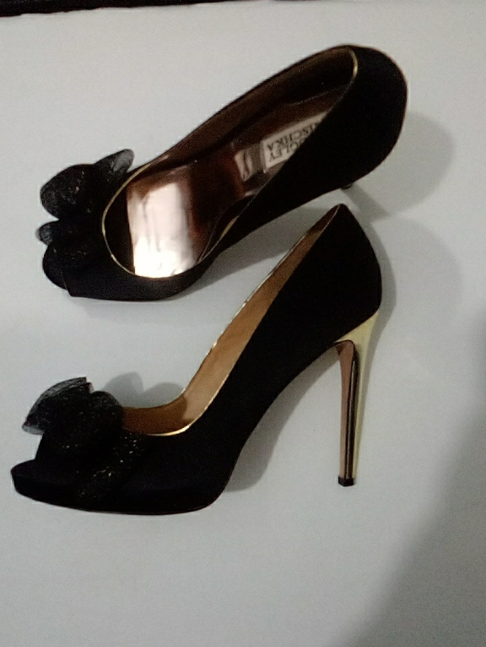 Badgley Mischka Black Peep-Toe Pumps with Gold Stiletto Heel